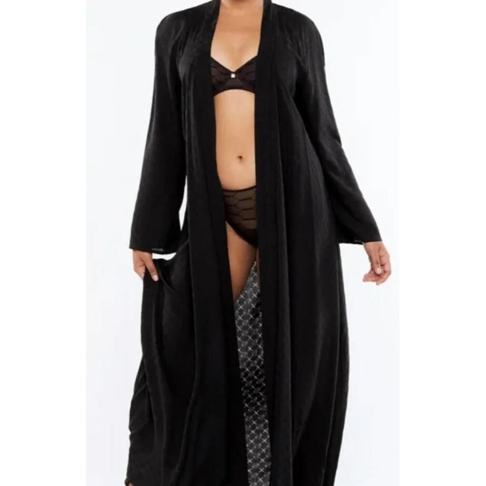 Savage X Fenty Woven Voile Monogram Sleep Long Robe Black Women's Size M/L